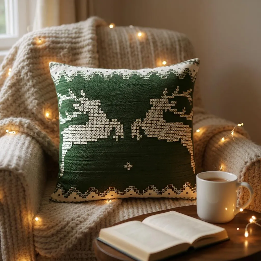 Green & Cream Deer Motif Cushion, Reversible - 35x35cm