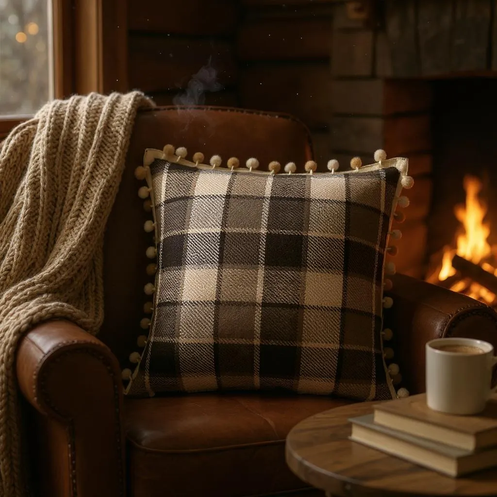 Brown & Cream Check with Pom Pom Trim Cushion, Reversible - 50x50cm