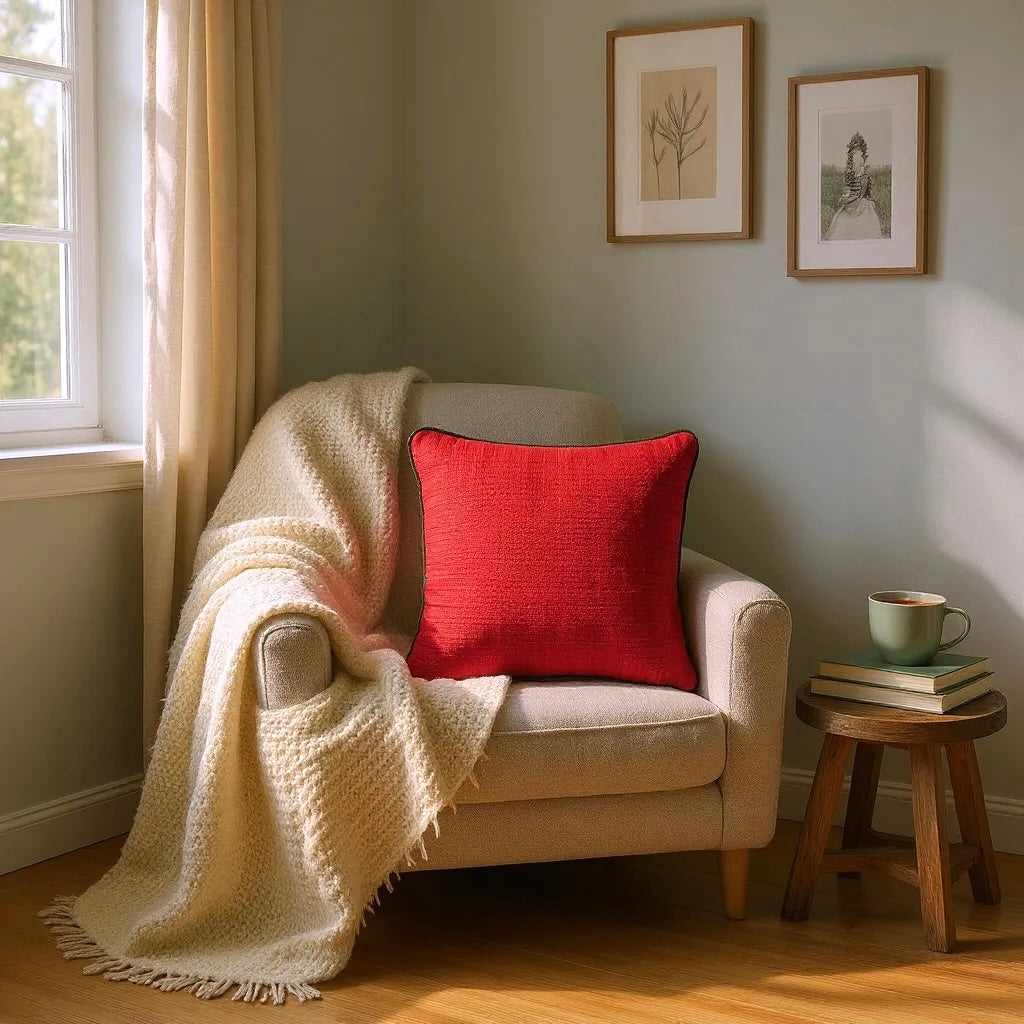Textured Red Cushion Cover with Green Piping - 40x40cm