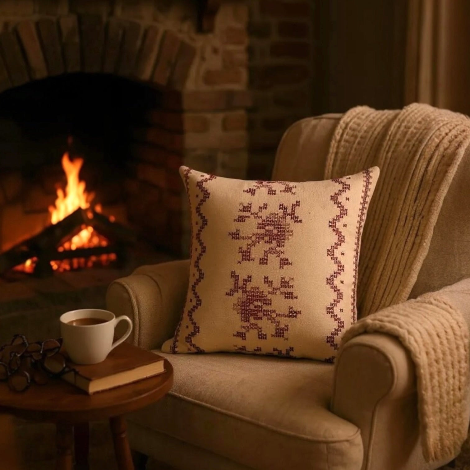 Red & Cream Deer Motif Cushion, Reversible - 35x35cm