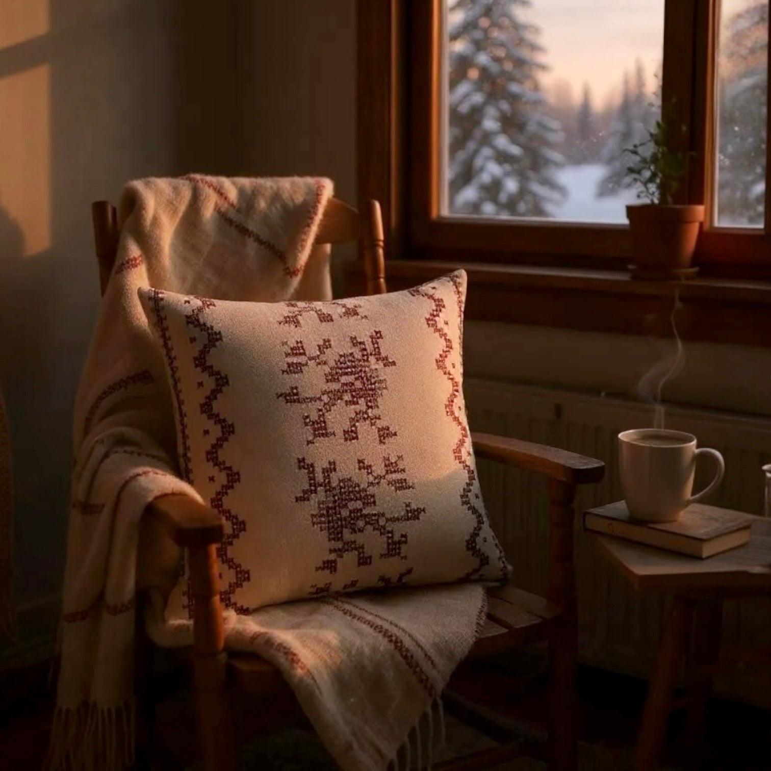 Red & Cream Deer Motif Cushion, Reversible - 35x35cm