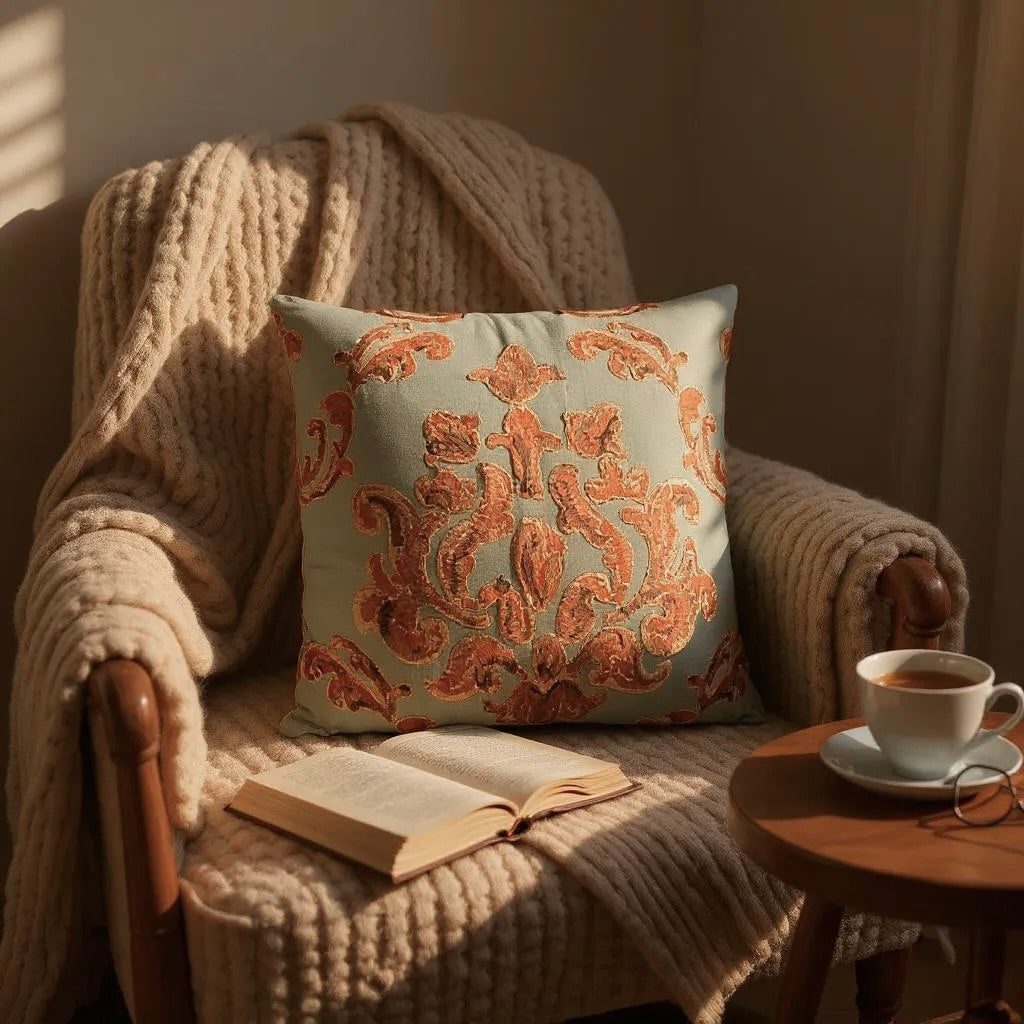 Grey & Orange Embroidered Paisley Silk Cushion, Reversible, 40x40cm