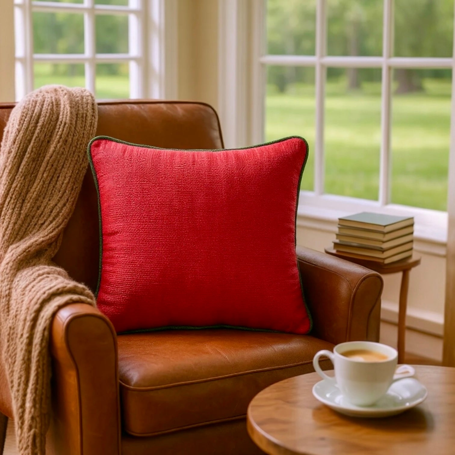 Textured Red Cushion Cover with Green Piping - 40x40cm
