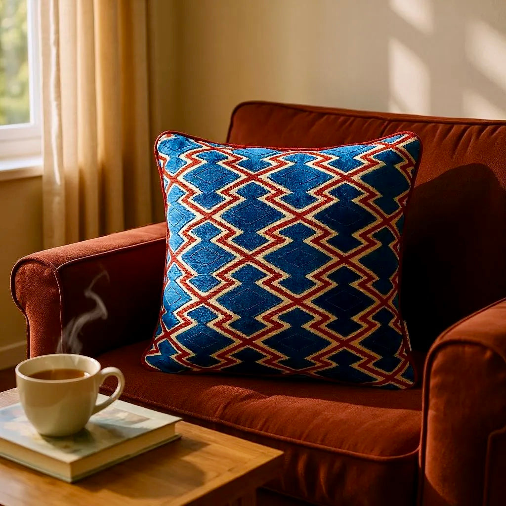 Textured Red & Blue Kilim Motif Cushion - 40x40cm