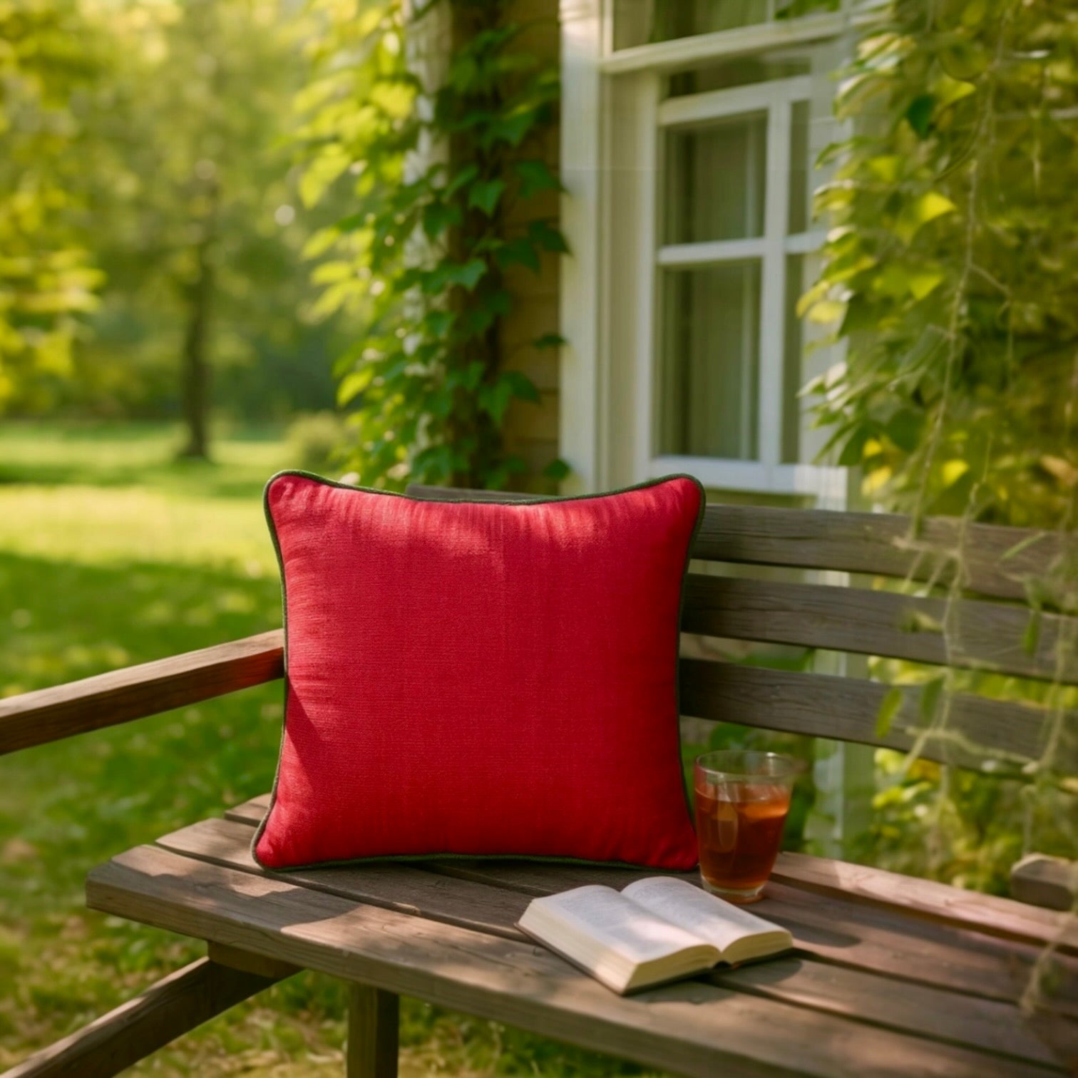 Textured Red Cushion Cover with Green Piping - 40x40cm