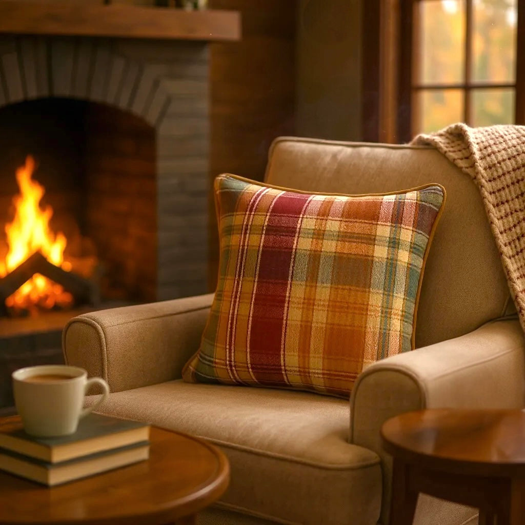 Checked Multicoloured Herringbone Linen Cushion, Reversible - 40x40cm