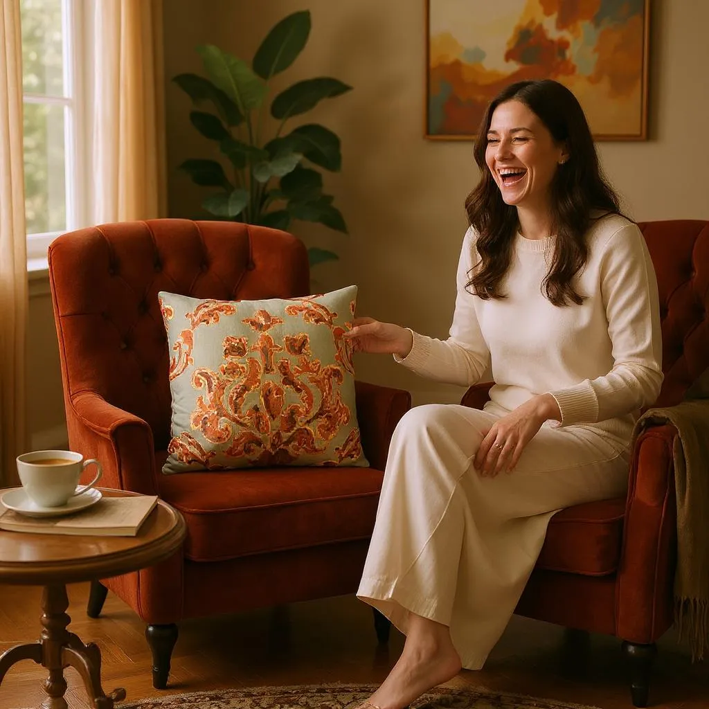 Grey & Orange Embroidered Paisley Silk Cushion, Reversible, 40x40cm