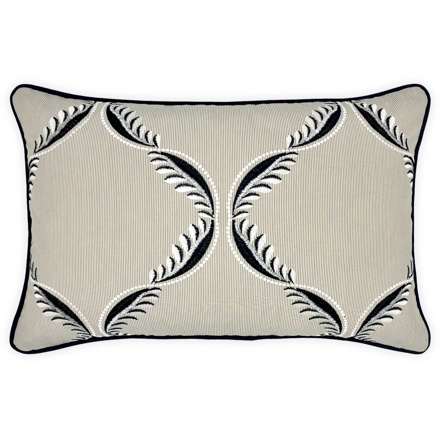 Black & White Embroidery on Beige Striped Cotton Cushion, Reversible - 40x60cm