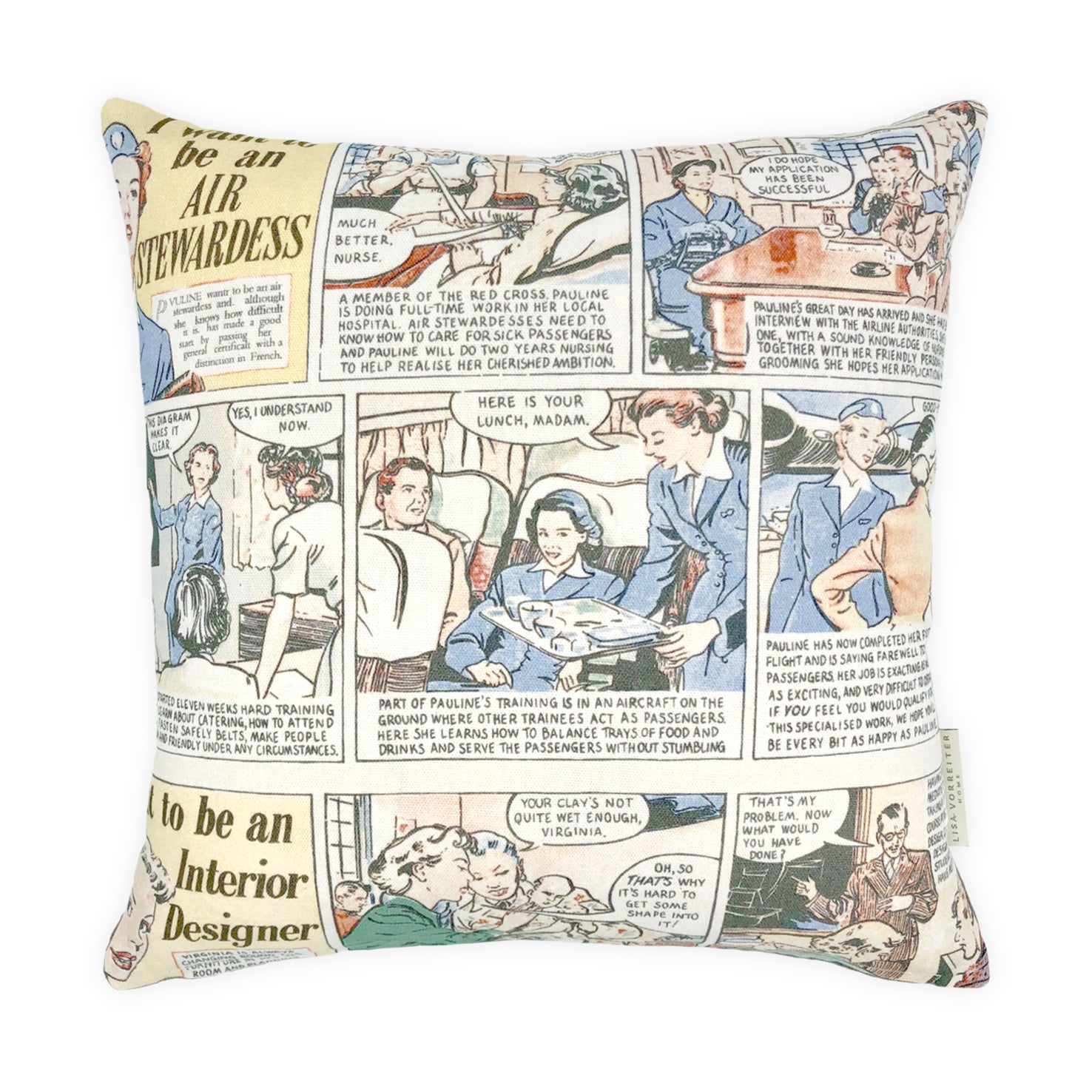 Andrew Martin comic print cushion reversible with grey velvet backing, 40x40cm, sustainable home décor.