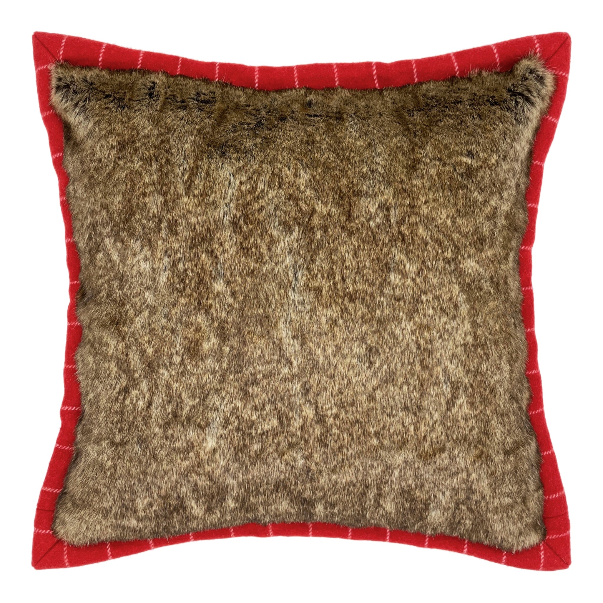 Brown Faux Fur Cushion Cover backed & Framed with Checked Red Wool, Reversible - 40x40cm