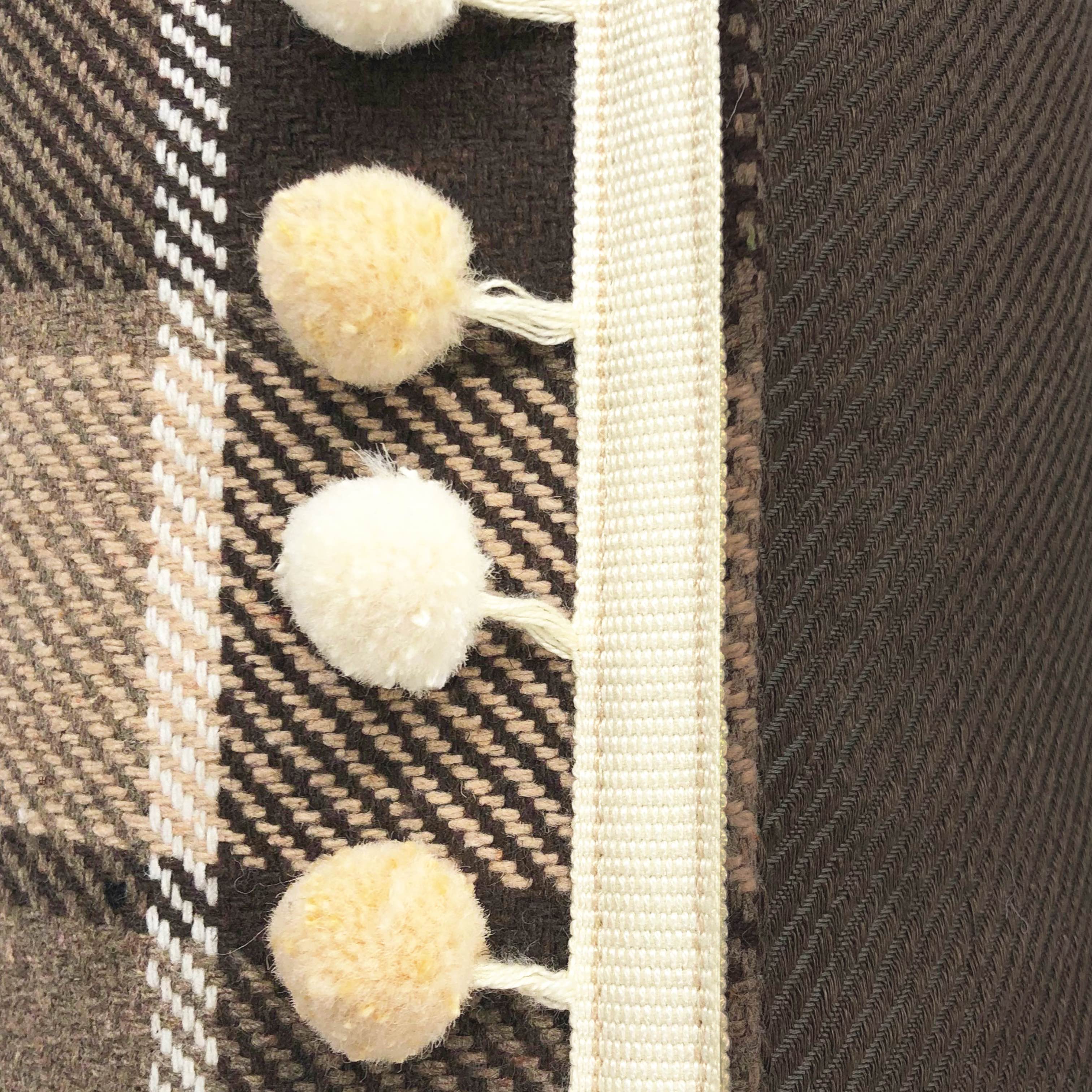 Brown & Cream Check with Pom Pom Trim Cushion, Reversible - 50x50cm