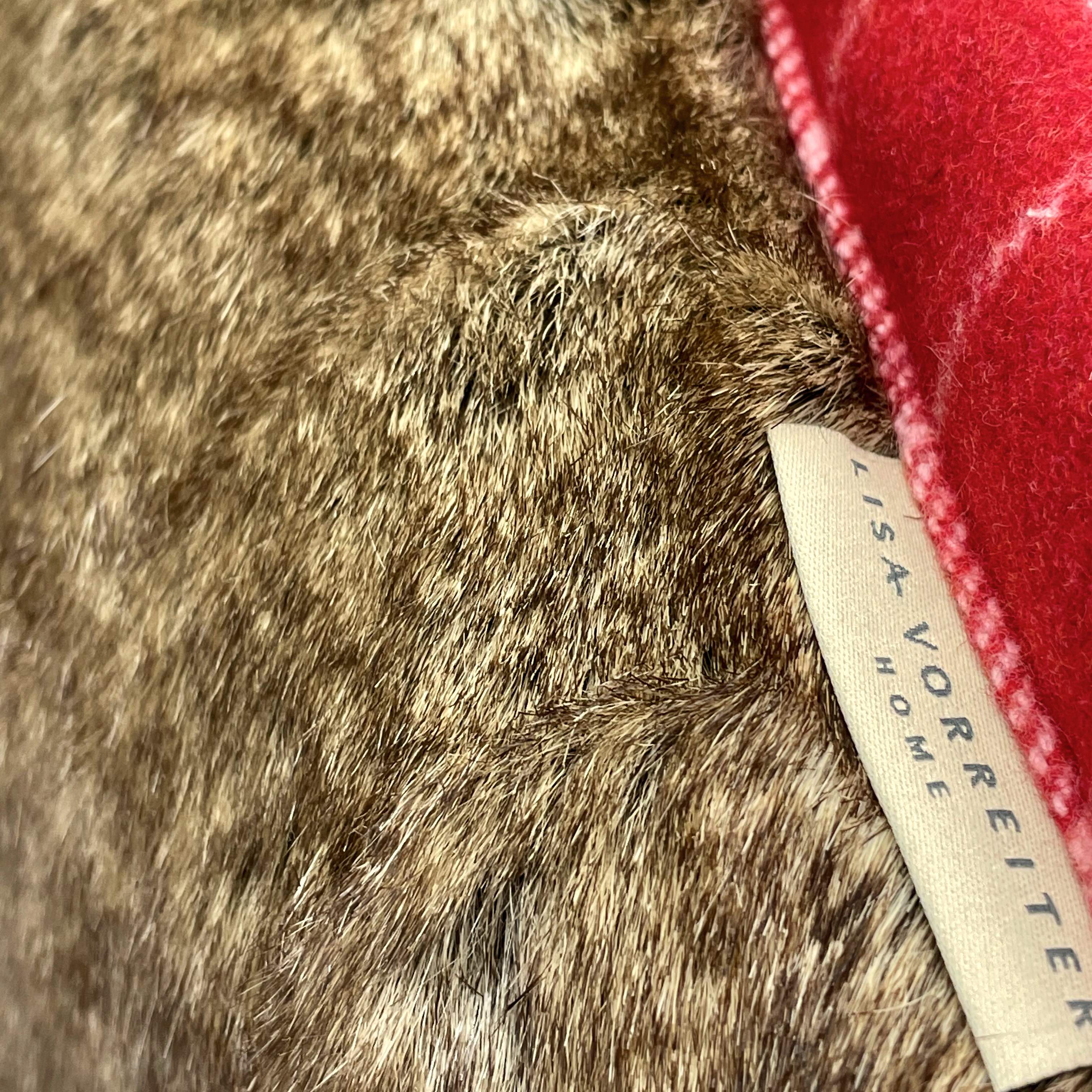 Brown Faux Fur Cushion Cover backed & Framed with Checked Red Wool, Reversible - 40x40cm