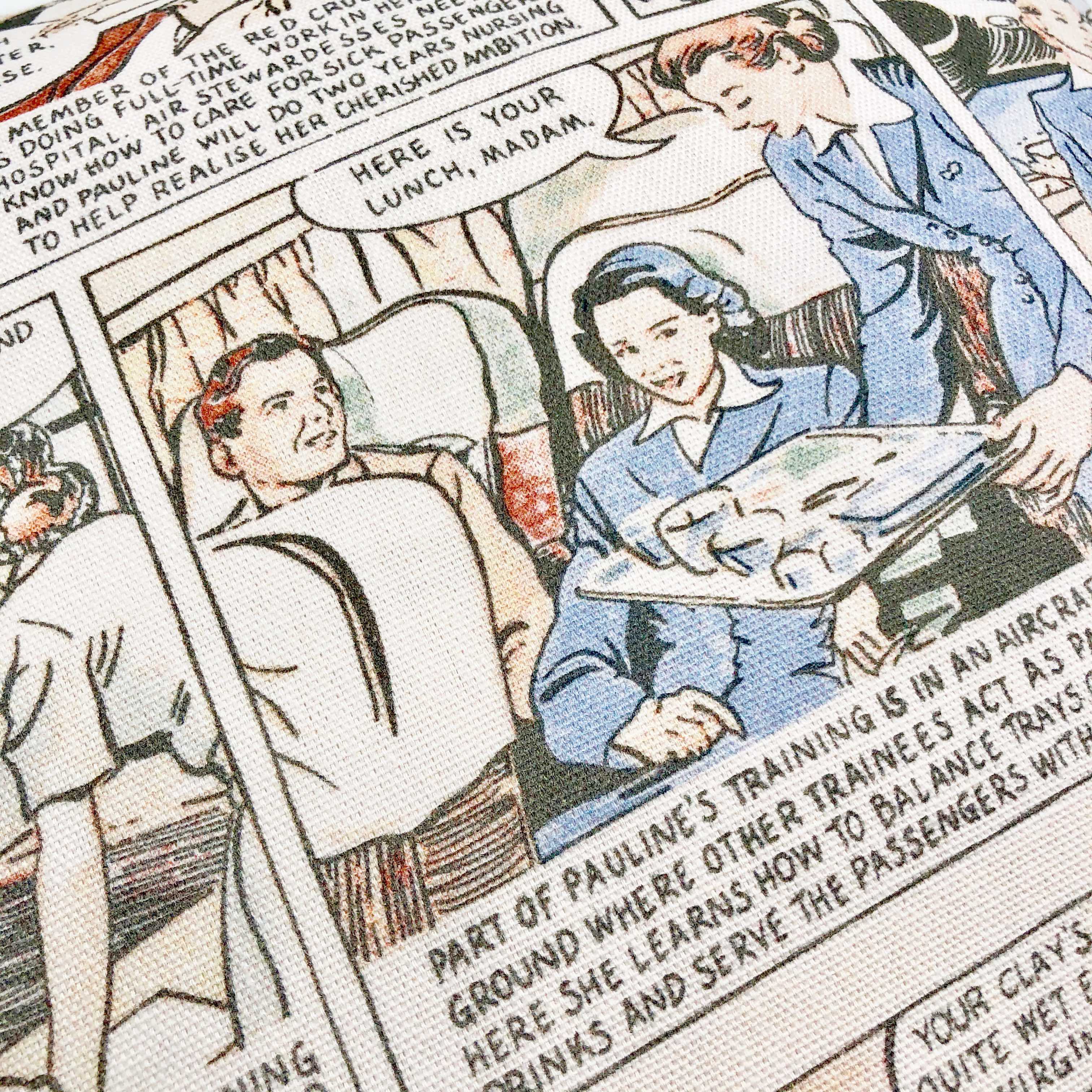 Andrew Martin comic print cushion reversible with grey velvet backing, 40x40cm, sustainable home décor.