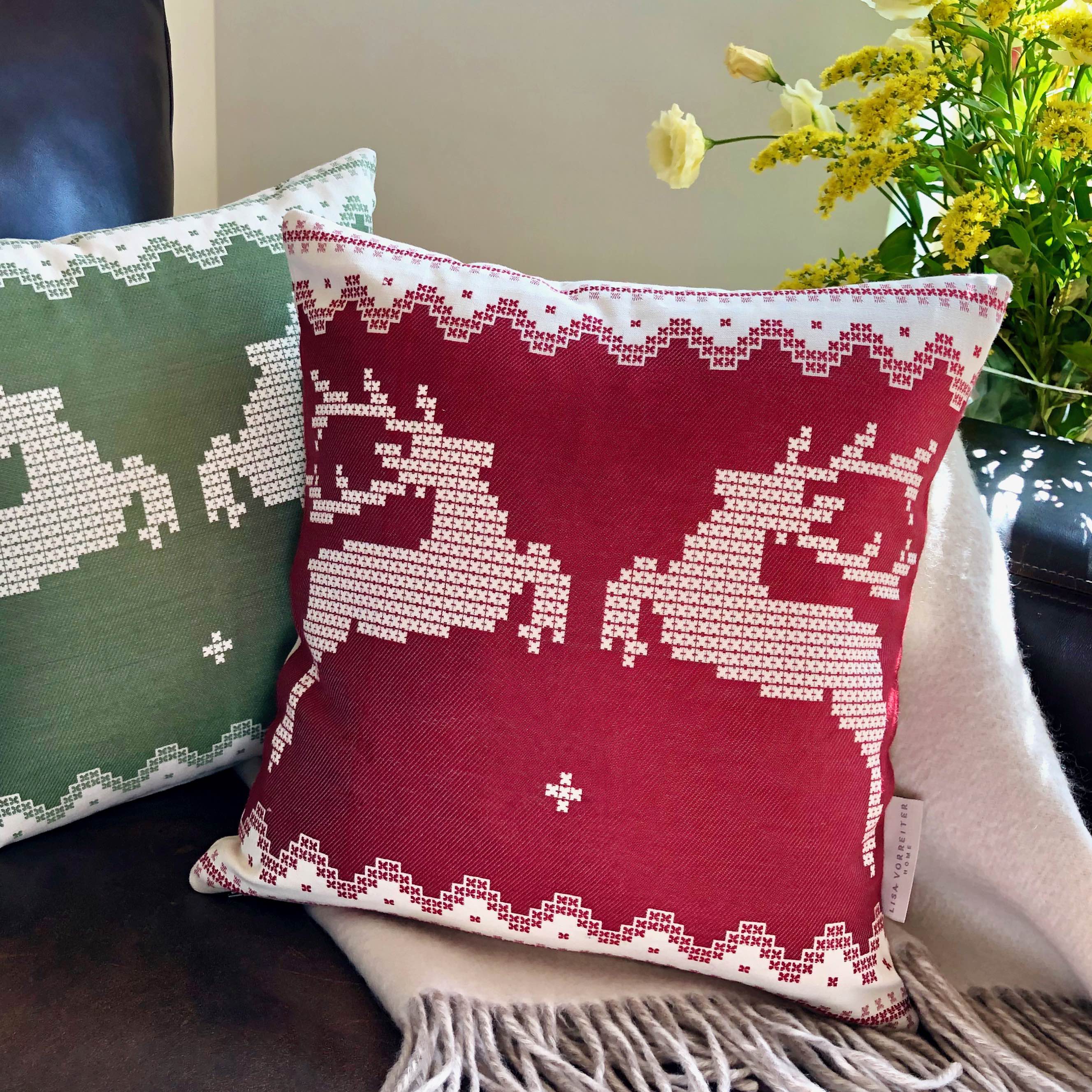 Green & Cream Deer Motif Cushion, Reversible - 35x35cm