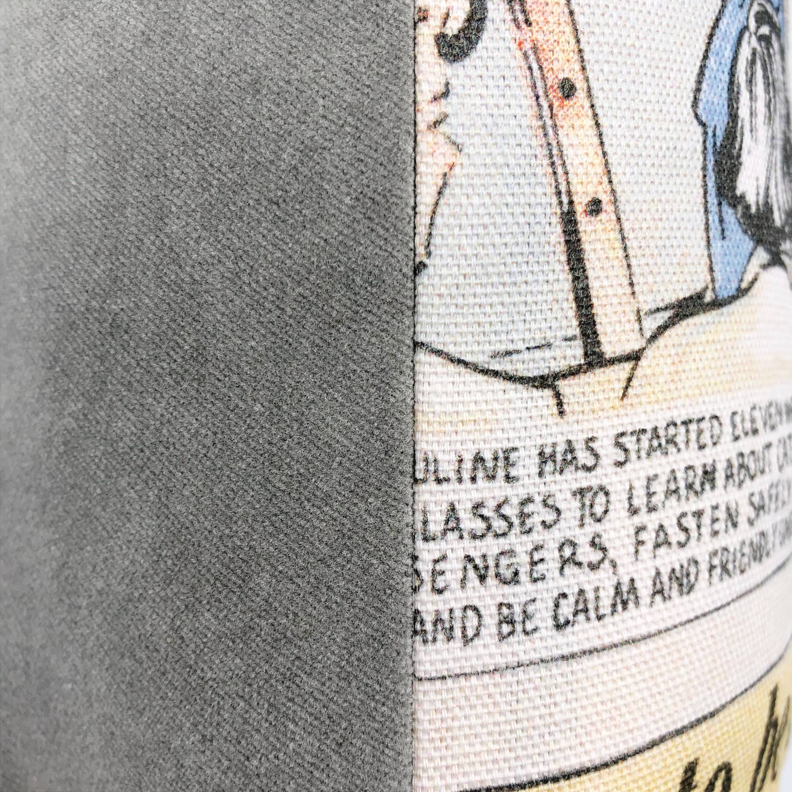 Andrew Martin comic print cushion reversible with grey velvet backing, 40x40cm, sustainable home décor.