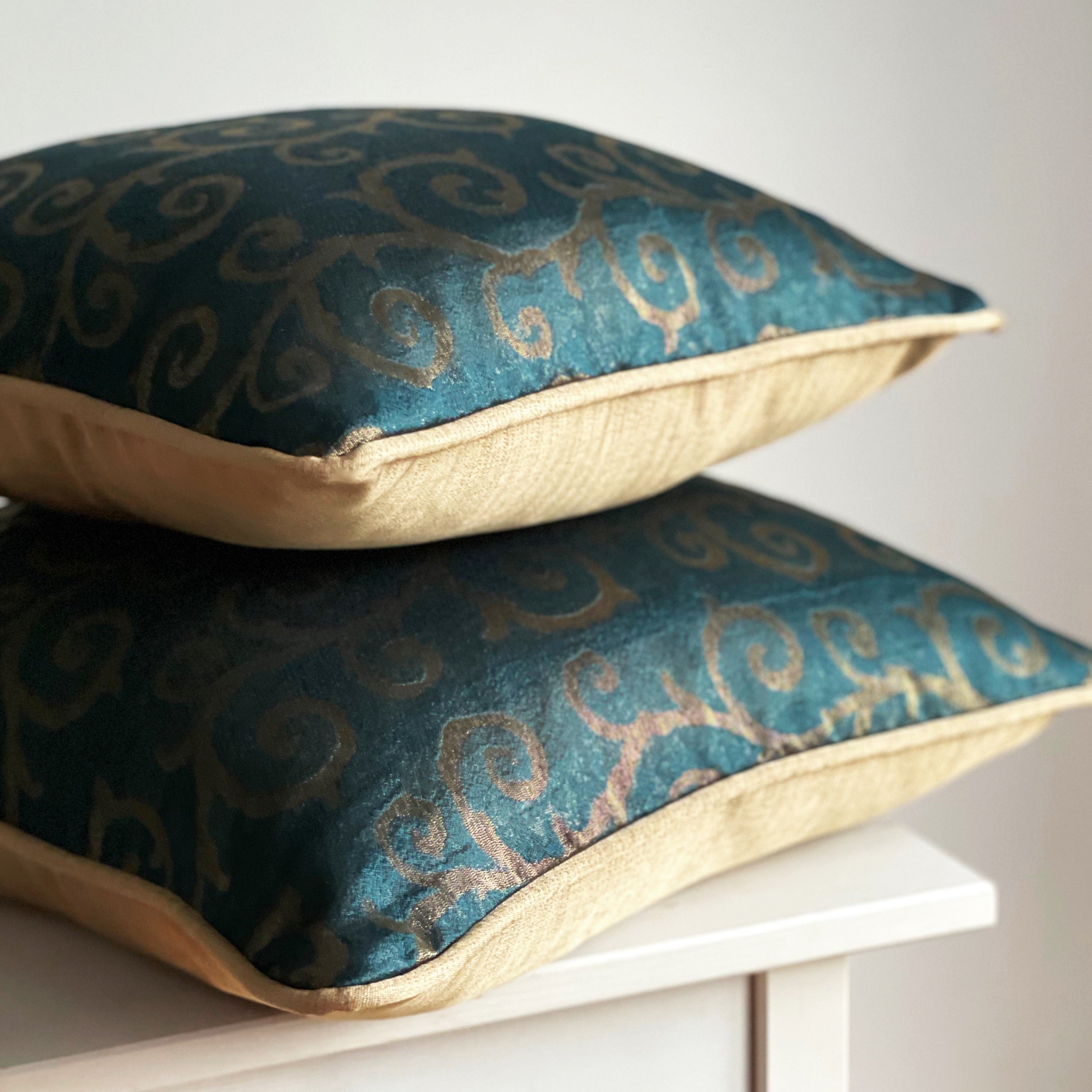 Gold & Green Piped Swirl Motif Luxurious Jacquard Cushion Cover, Reversible - 40x40cm