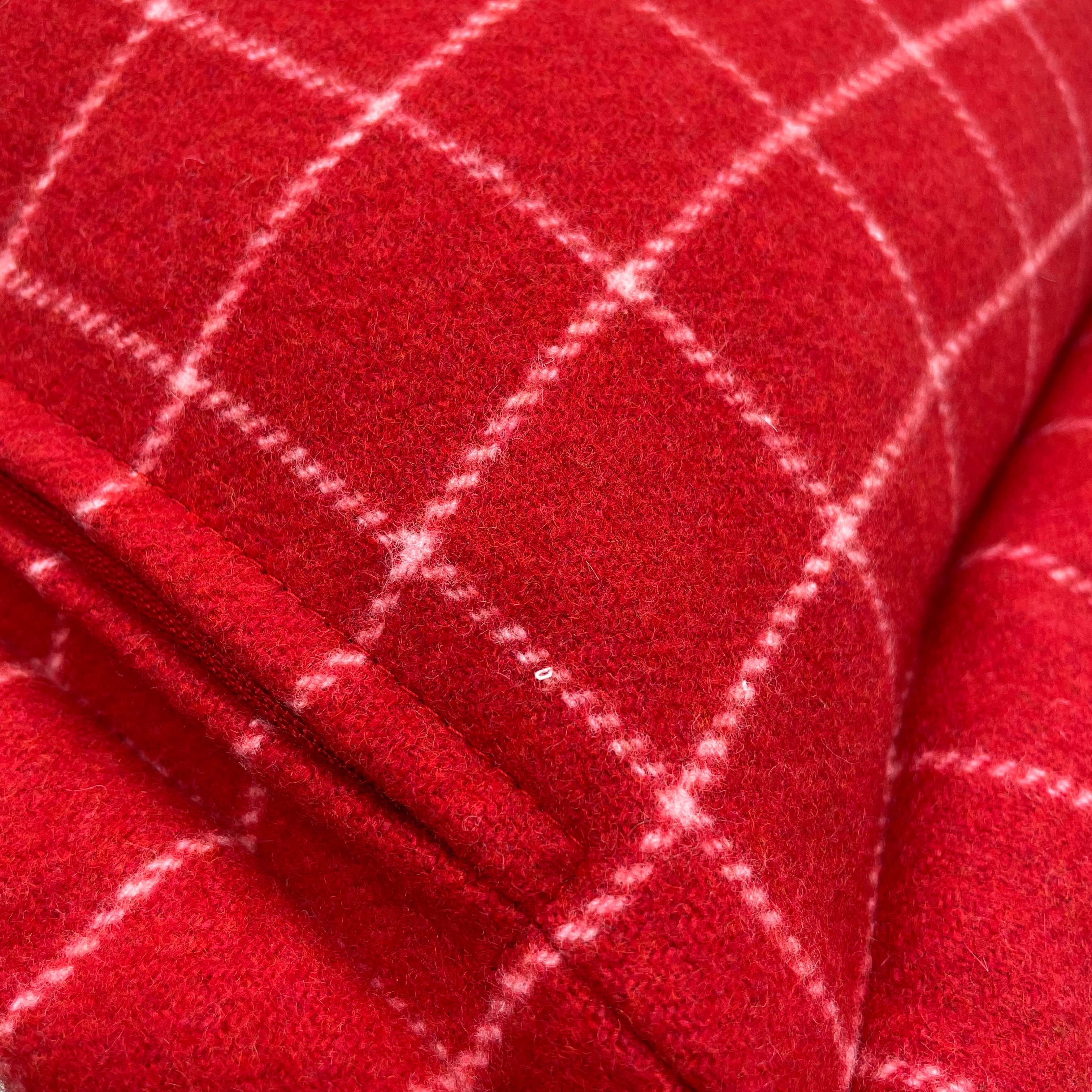 Brown Faux Fur Cushion Cover backed & Framed with Checked Red Wool, Reversible - 40x40cm