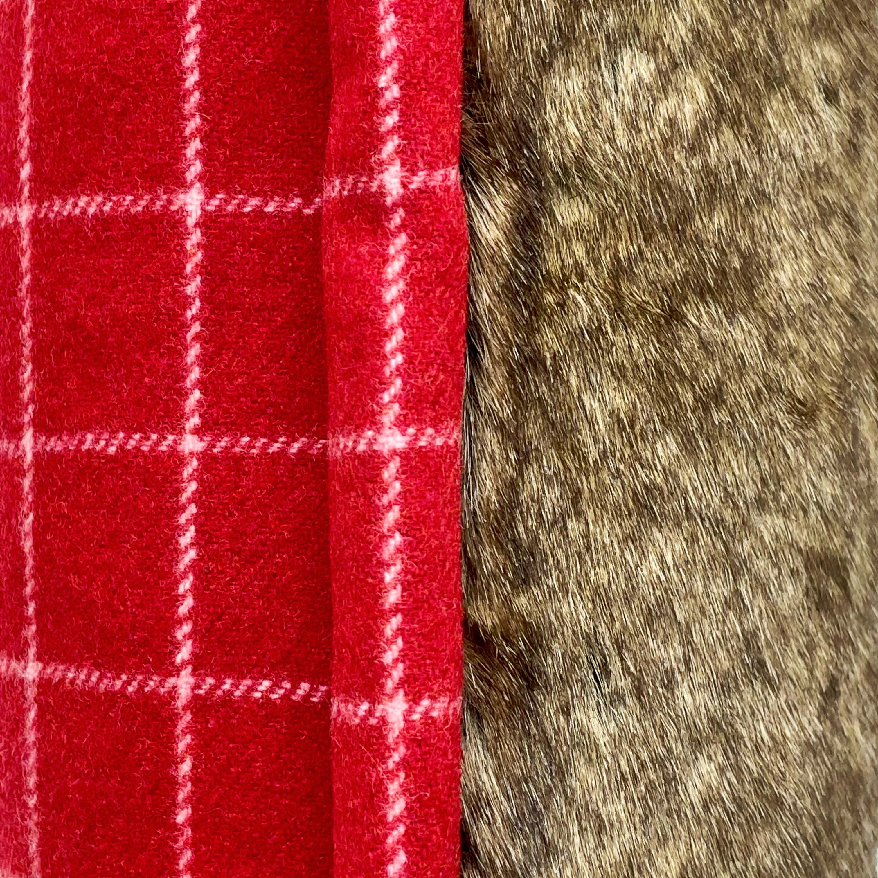 Brown Faux Fur Cushion Cover backed & Framed with Checked Red Wool, Reversible - 40x40cm