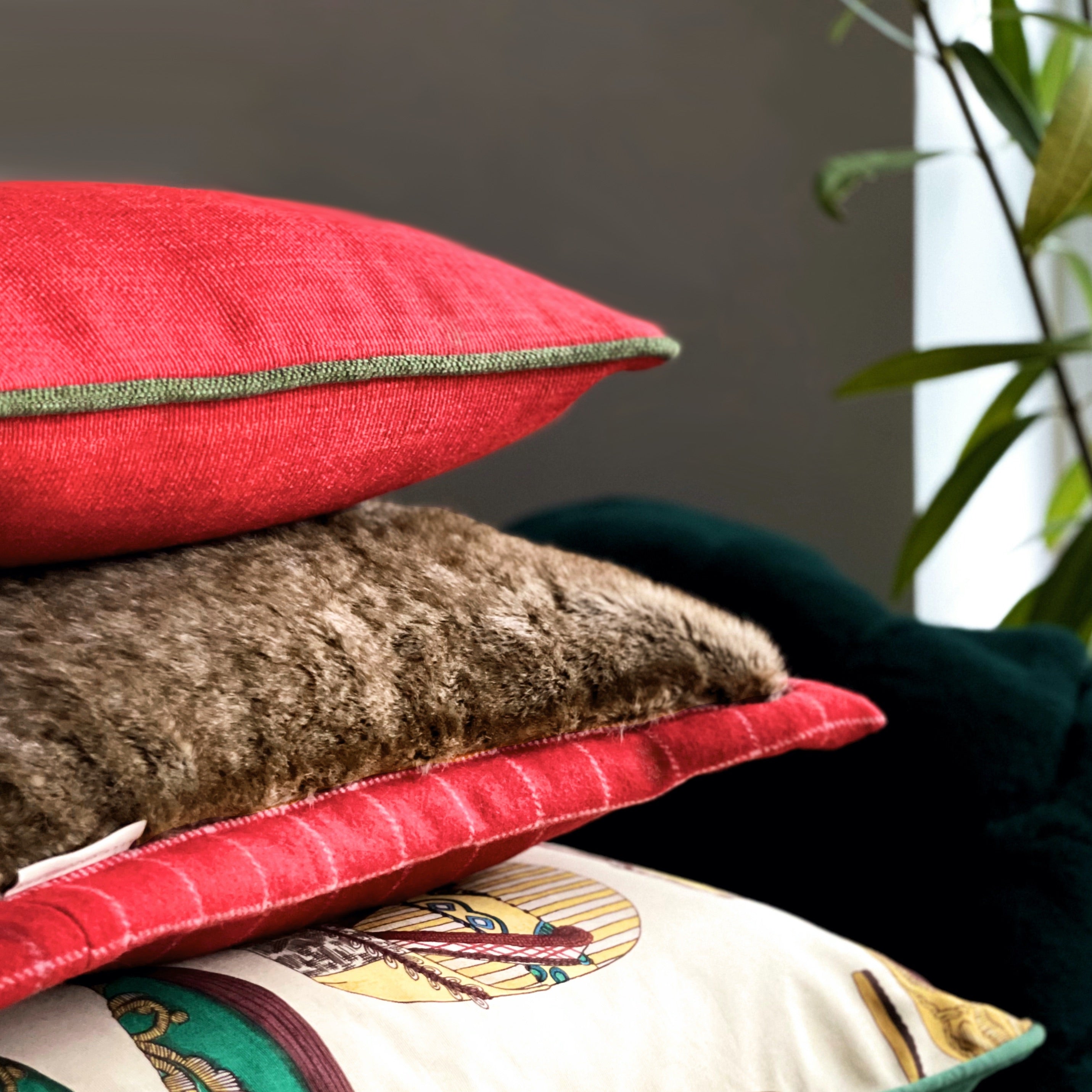 Brown Faux Fur Cushion Cover backed & Framed with Checked Red Wool, Reversible - 40x40cm