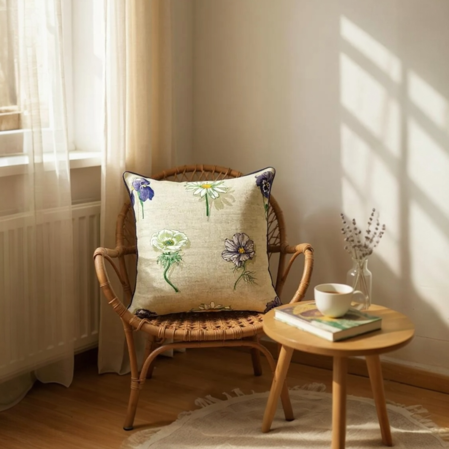 Large Flower Print on Beige Linen Cushion, Reversible - 60x60cm