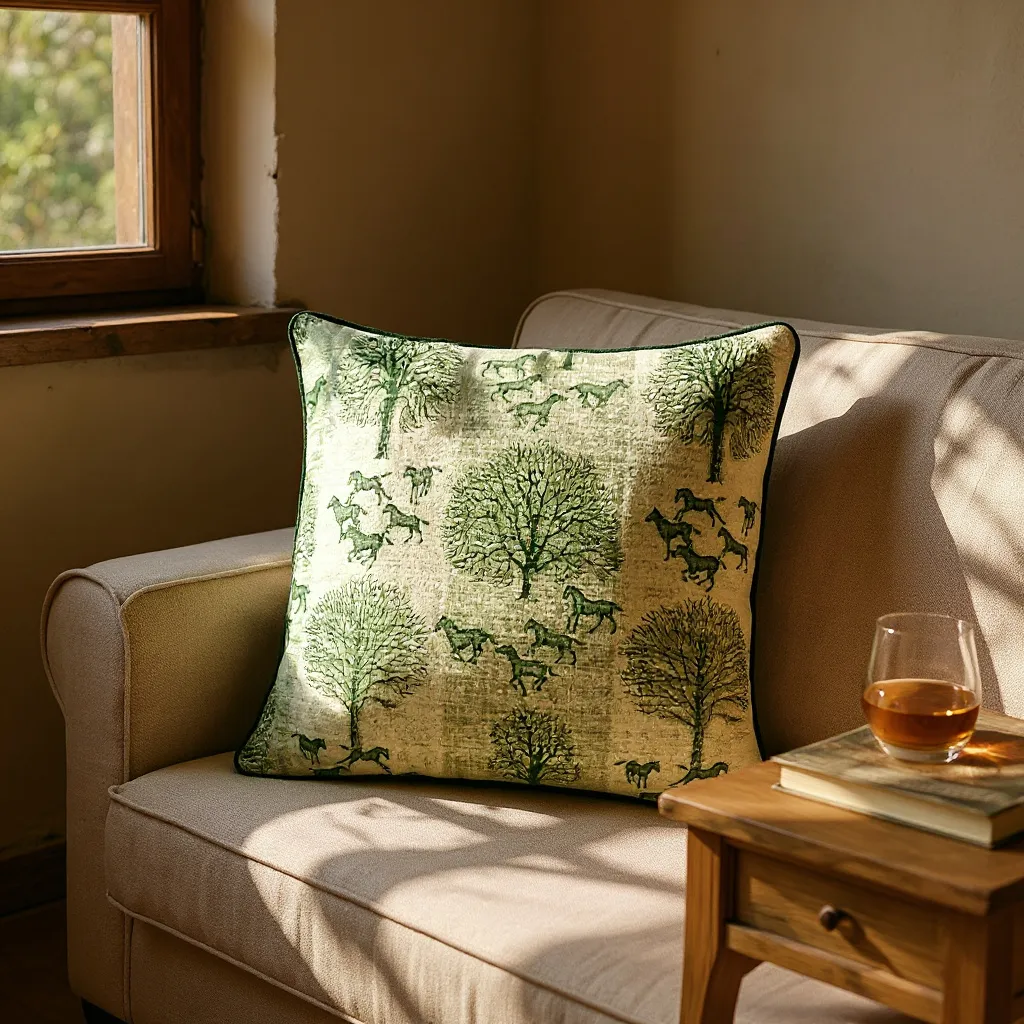 Striped Green Tree & Horse Print Cushion - 60x60cm