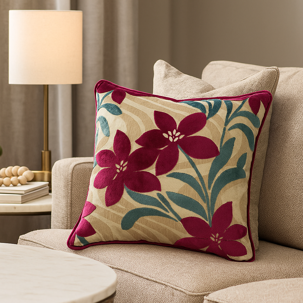 Red Velvet Devoré Flower on Gold Jacquard Cushion Cover, Reversible - 50x50cm