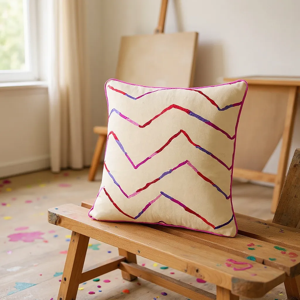 Luxury Beige Cotton Cushion with Pink, Red & Purple Zig Zag Embroidery – Reversible with Silk Backing - 45x45cm
