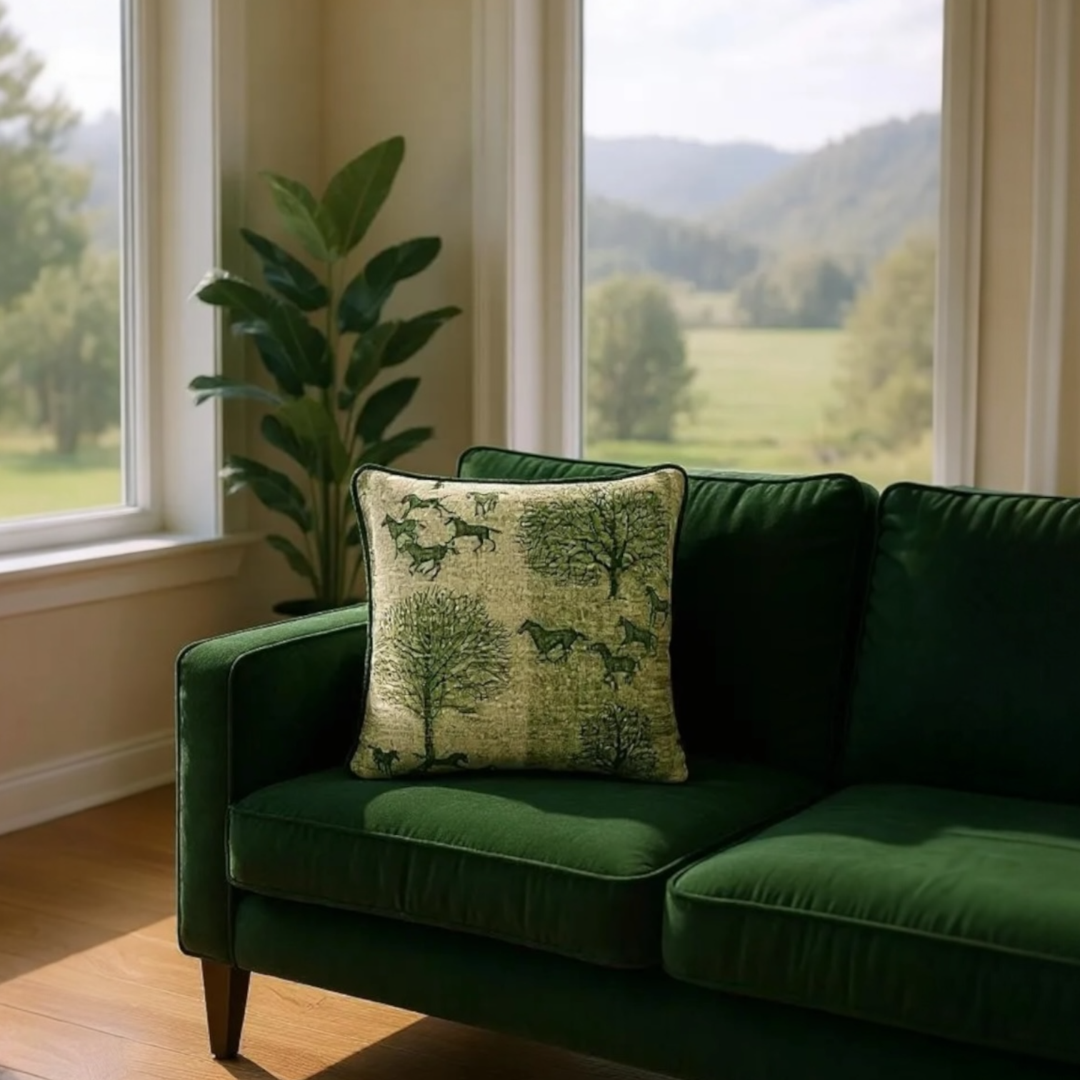 Striped Green Tree & Horse Print Cushion, Reversible - 40x40cm