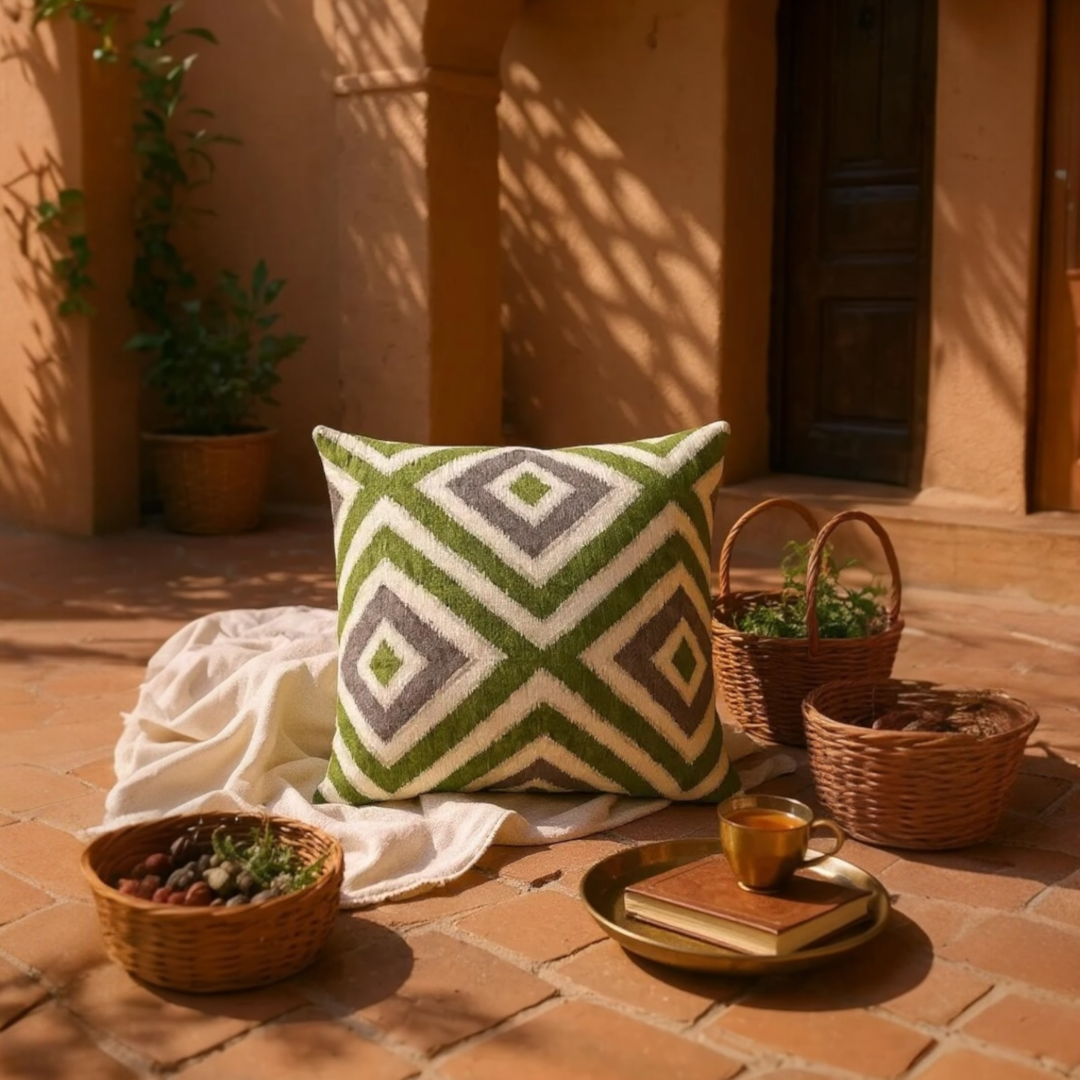 Green, Beige & Brown Velvet Kilim Cushion, Reversible - 60x60cm