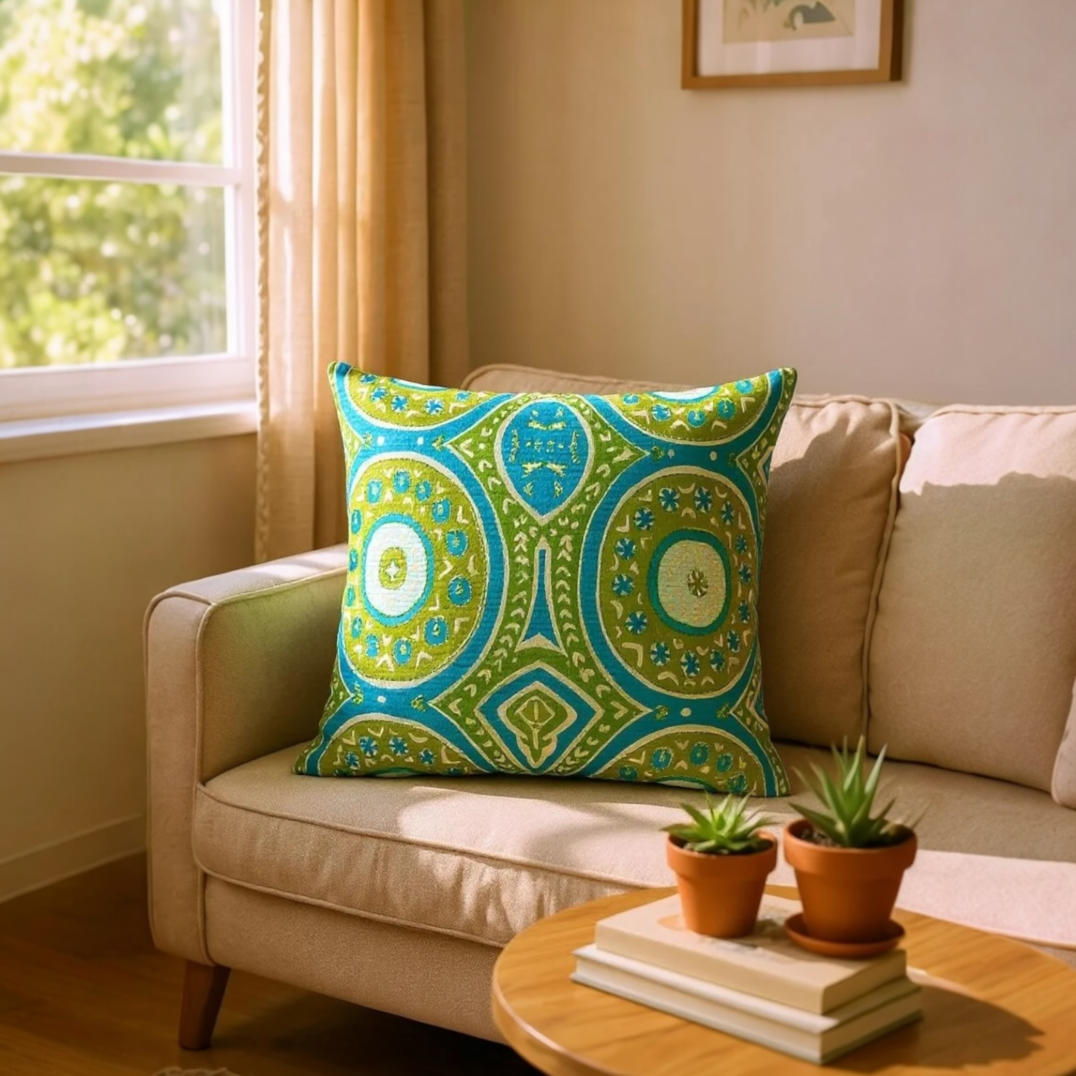 Very Large Embroidered Blue & Green Linen Cushion, Reversible - 65x65cm