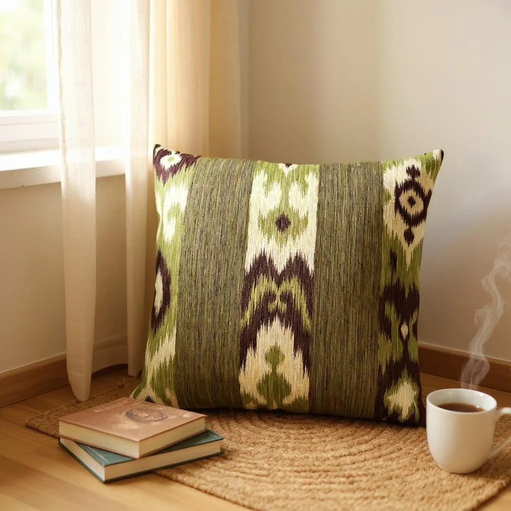 Large Brown & Green Striped Kilim Cushion - 60x60cm