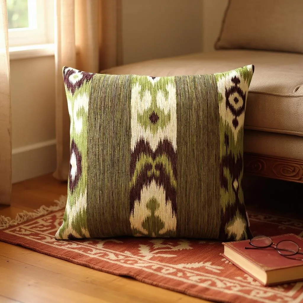 Large Brown & Green Striped Kilim Cushion - 60x60cm