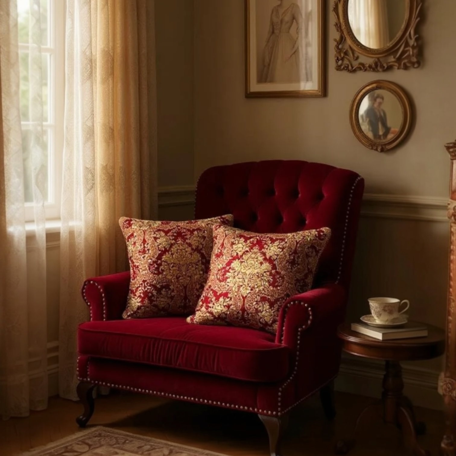 Luxurious jacquard woven cushion cover in red with gold paisley and gold twisted piping, 45x45cm.