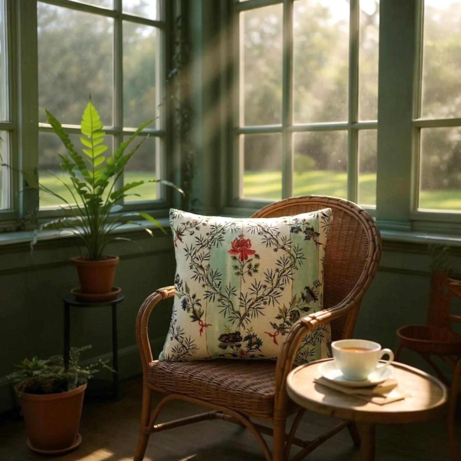 Floral Embroidered Striped Linen Cushion, Reversible - 40x40cm