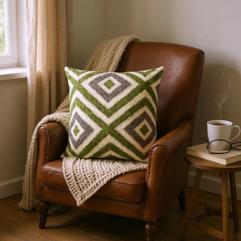 Green, Beige & Brown Velvet Kilim Cushion, Reversible - 60x60cm