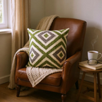 Green, Beige & Brown Velvet Kilim Cushion, Reversible - 60x60cm