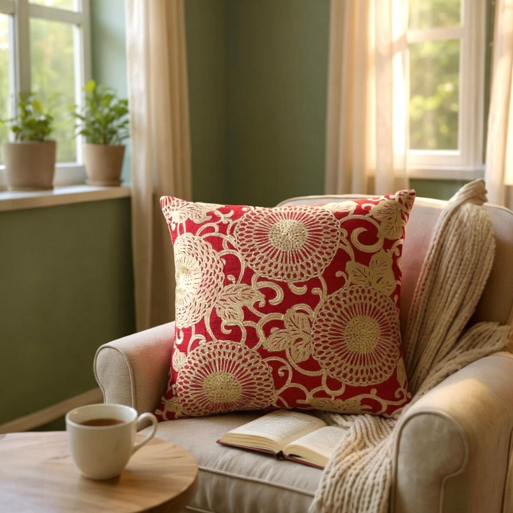 Large Red Linen Cushion with Cream/Gold Embroidery - 60x60cm