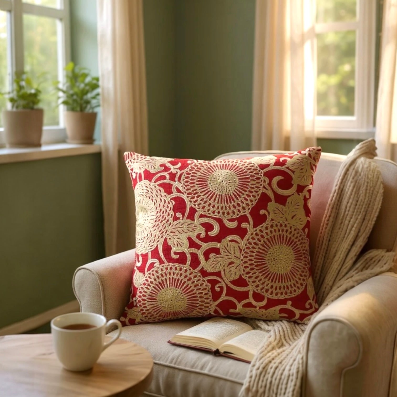 Large Red Linen Cushion with Cream/Gold Embroidery - 60x60cm