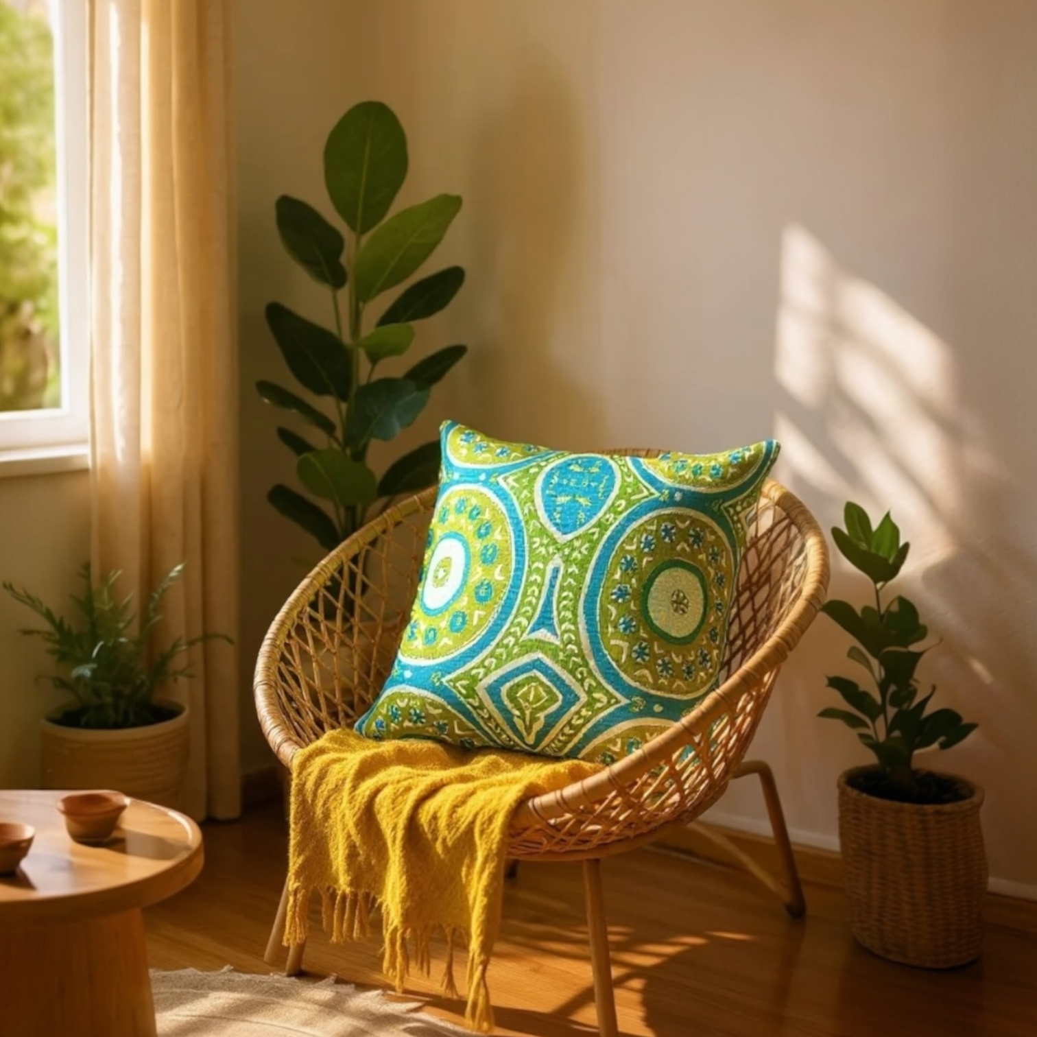 Large sustainable embroidered cushion with green and blue geometric design on linen, reversible wool back, 65x65cm floor cushion.