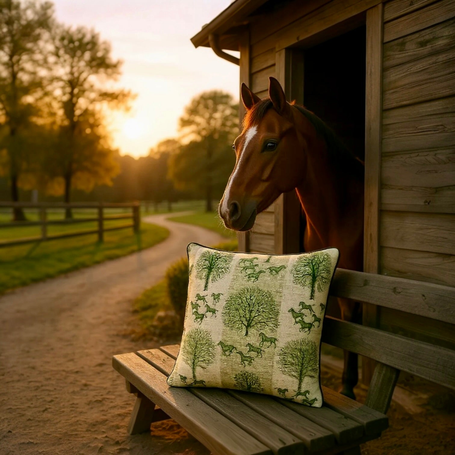 Striped Green Tree & Horse Print Cushion - 60x60cm