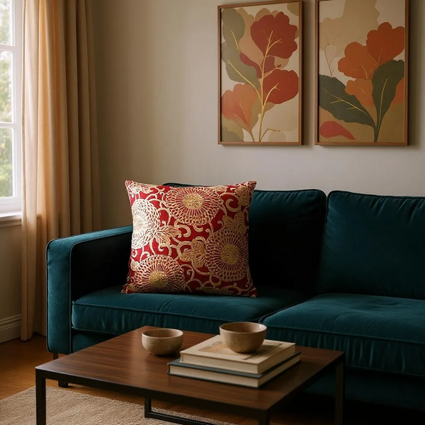 Large Red Linen Cushion with Cream/Gold Embroidery - 60x60cm