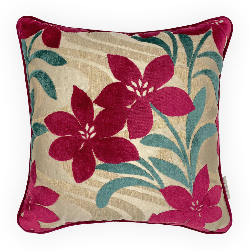 Red Velvet Devoré Flower on Gold Jacquard Cushion Cover, Reversible - 50x50cm