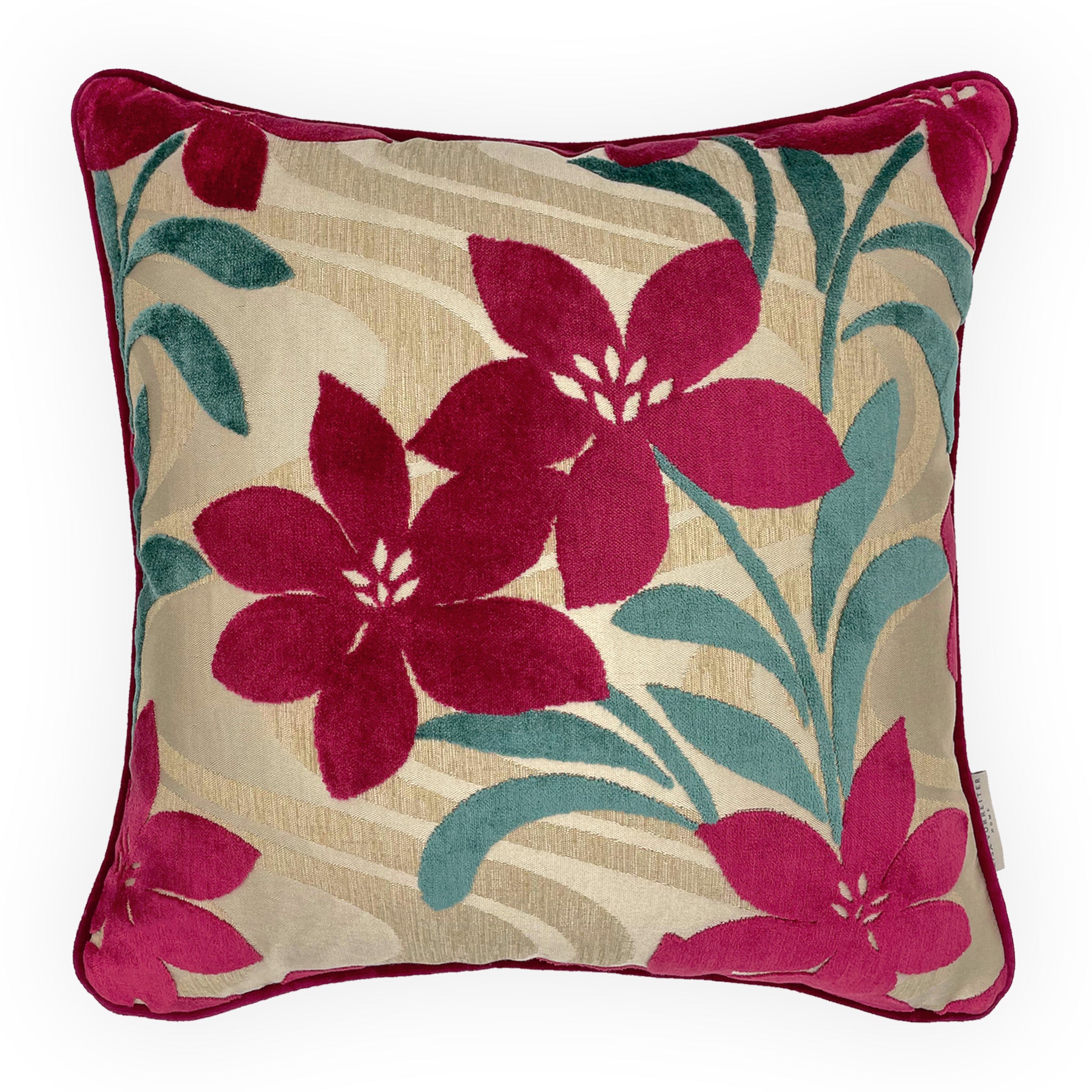 Red Velvet Devoré Flower on Gold Jacquard Cushion Cover, Reversible - 50x50cm