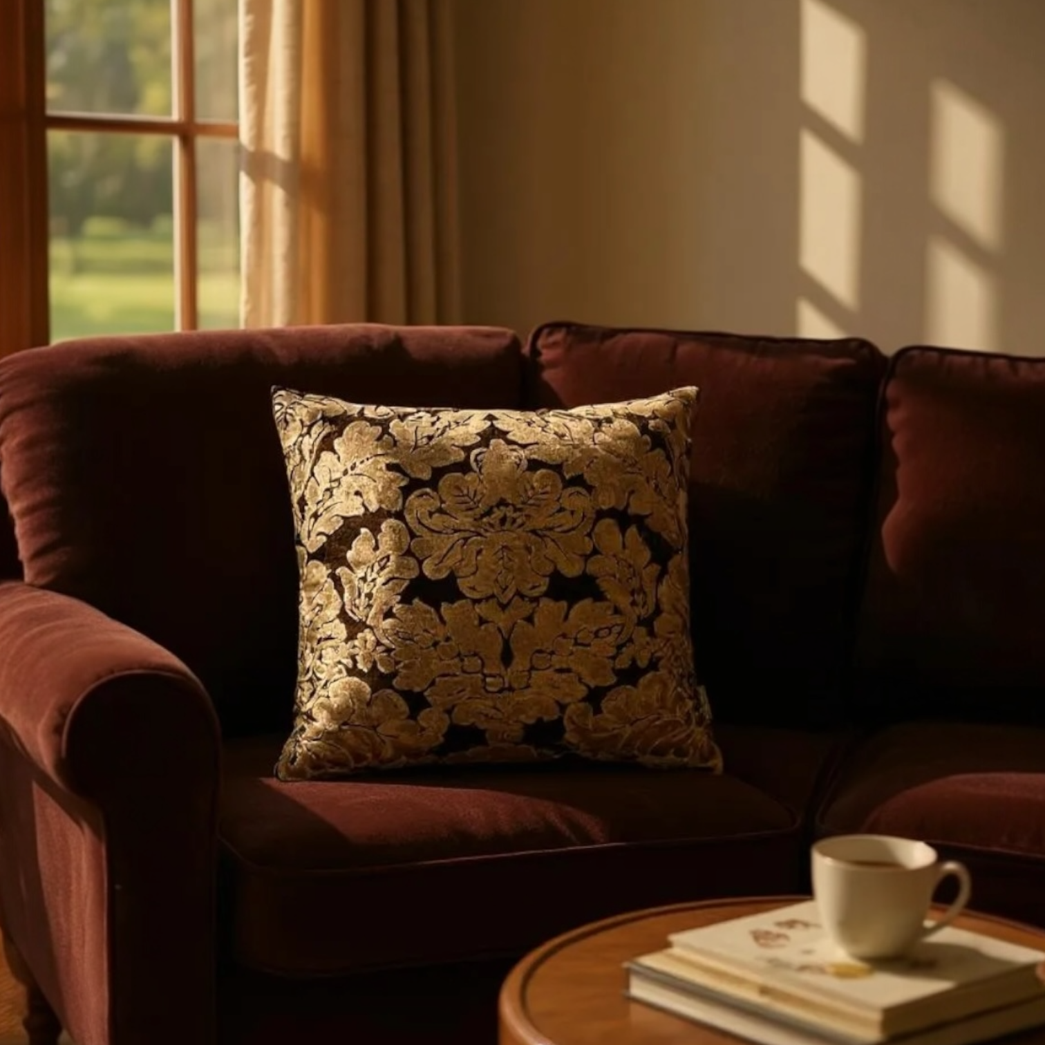 Brown Velvet & Gold Paisley Cushion Cover, 50x50cm
