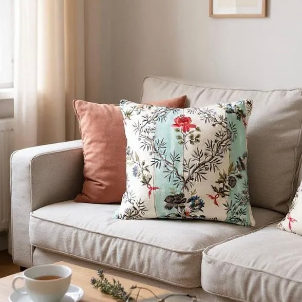 Floral Embroidered Striped Linen Cushion, Reversible - 40x40cm