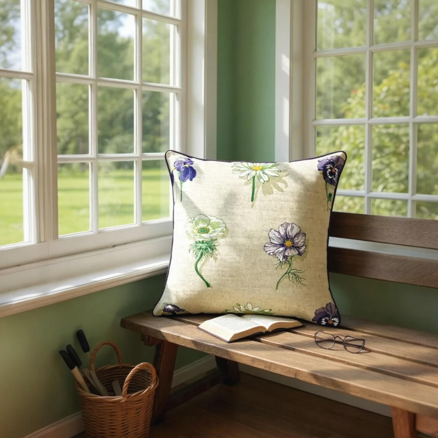 Large Flower Print on Beige Linen Cushion, Reversible - 60x60cm