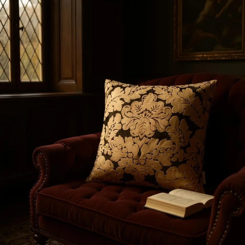 Brown Velvet & Gold Paisley Cushion Cover, 50x50cm