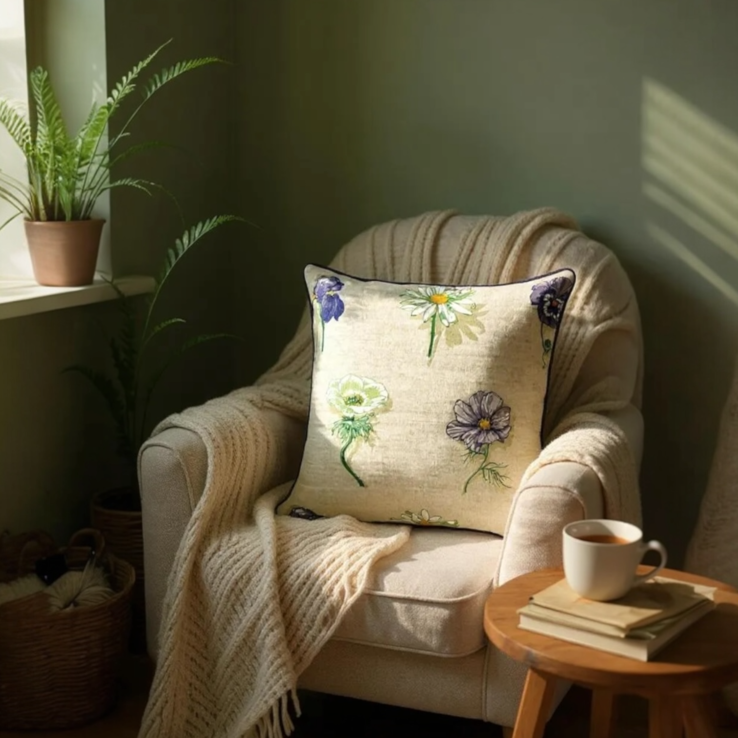 Large Flower Print on Beige Linen Cushion, Reversible - 60x60cm