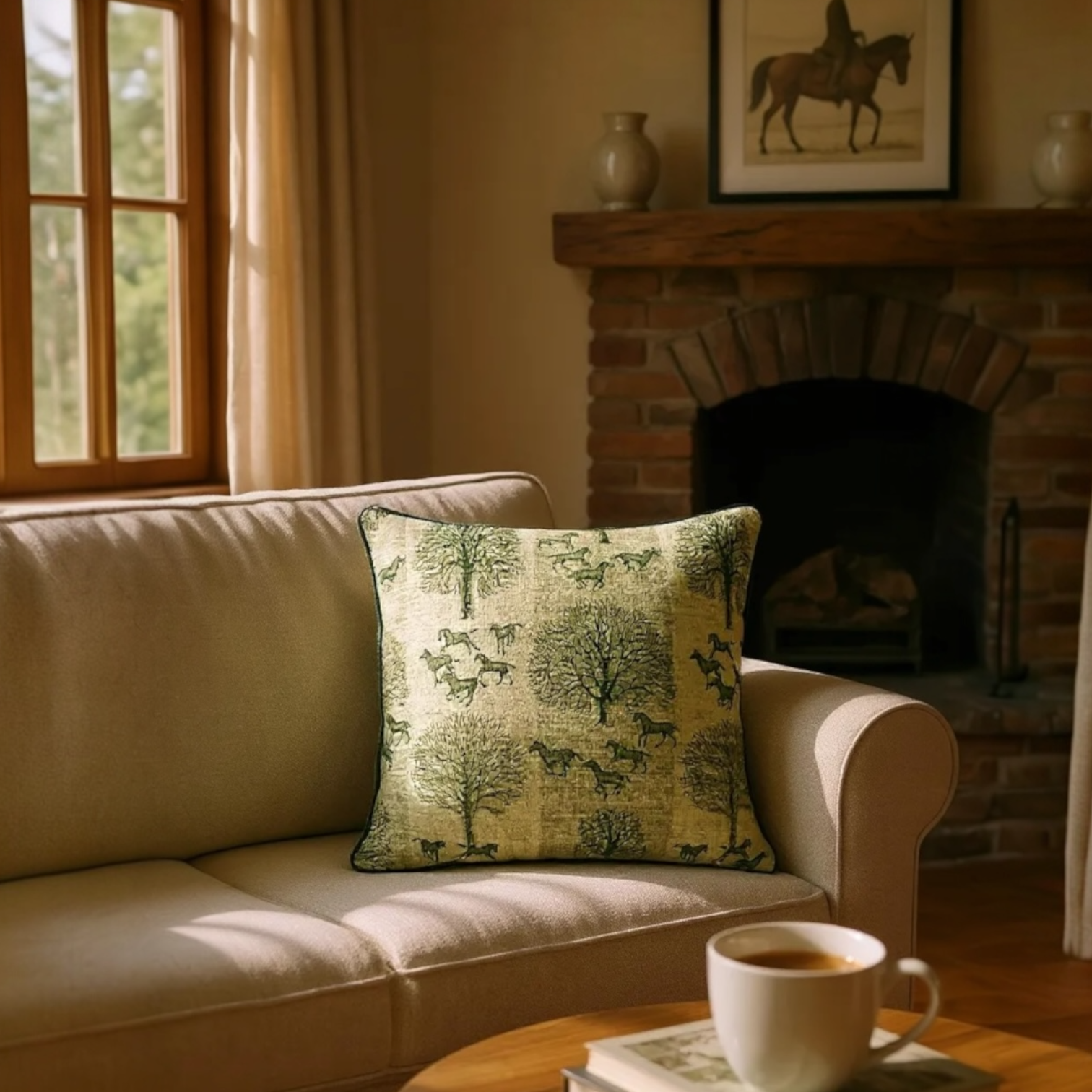 Striped Green Tree & Horse Print Cushion - 60x60cm