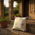 Large Flower Print on Beige Linen Cushion, Reversible - 60x60cm